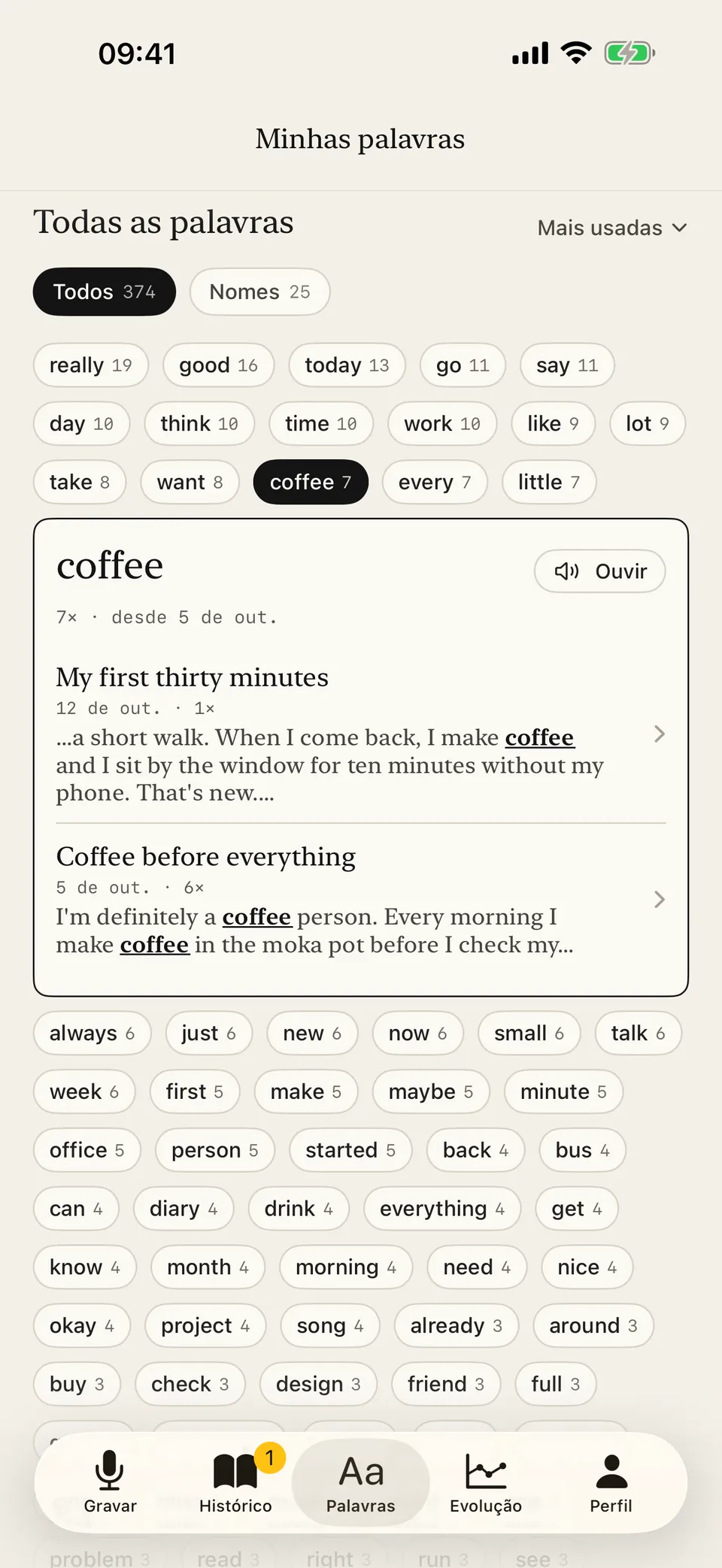 The My words tab: English words with how many times each was spoken, and “coffee” open in the diaries where it appears
