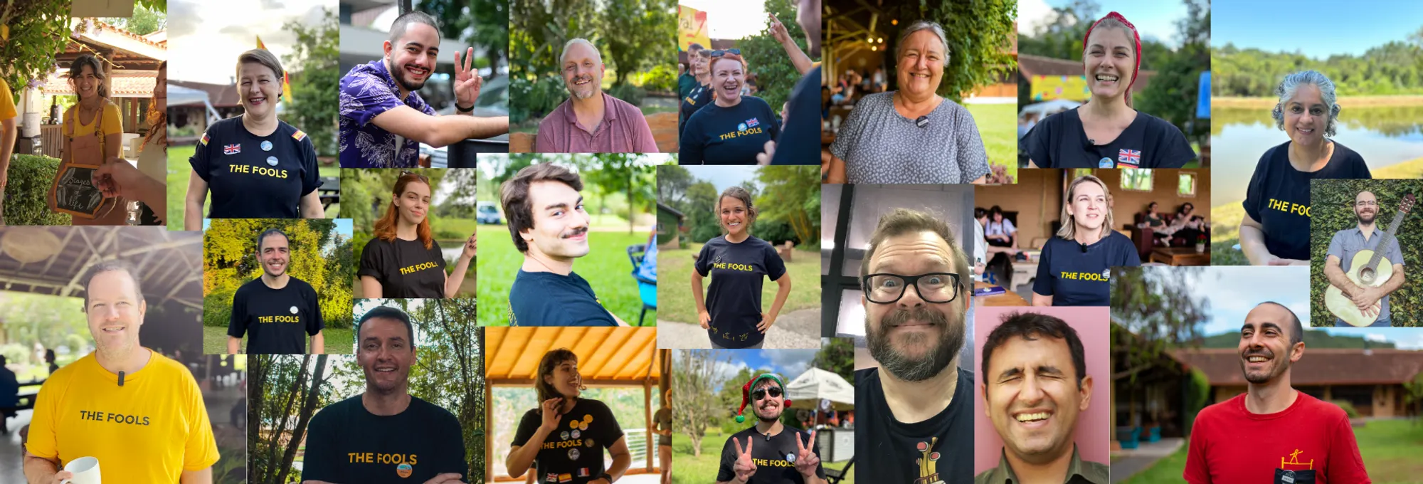 Colagem com fotos de instrutores do The Fools sorrindo, com camisetas da marca, durante imersões