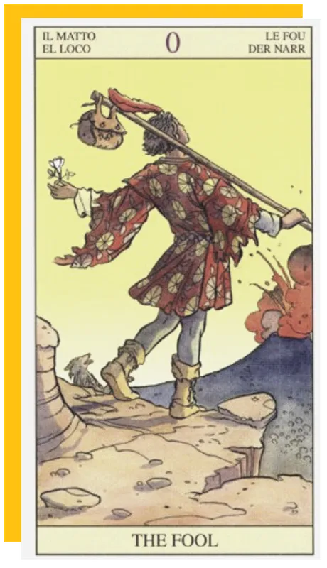 Carta 0 do Tarot, The Fool, sobre um fundo amarelo: a carta que dá nome ao The Fools